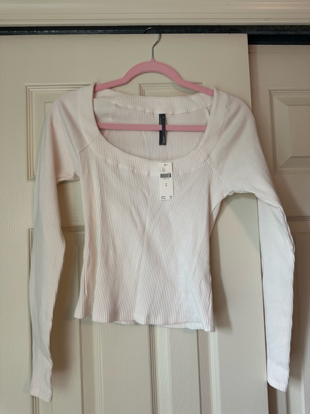 Anthropologie Cream Ribbed Long-Sleeve Scoop Neck Top
